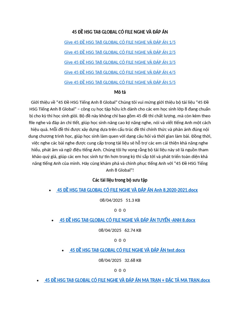 45 Đề Hsg Ta8 Global Có File Nghe Và Đáp Án Full | PDF