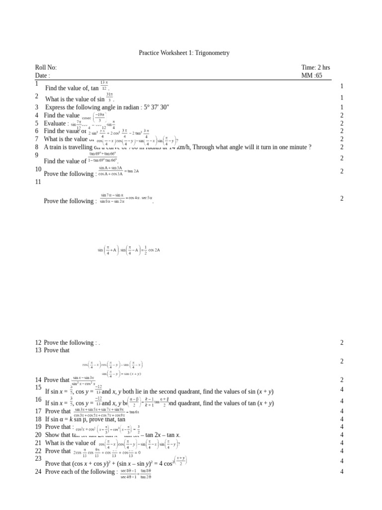 Practice Worksheet 1 - Trigonometery | PDF | Trigonometry | Angle