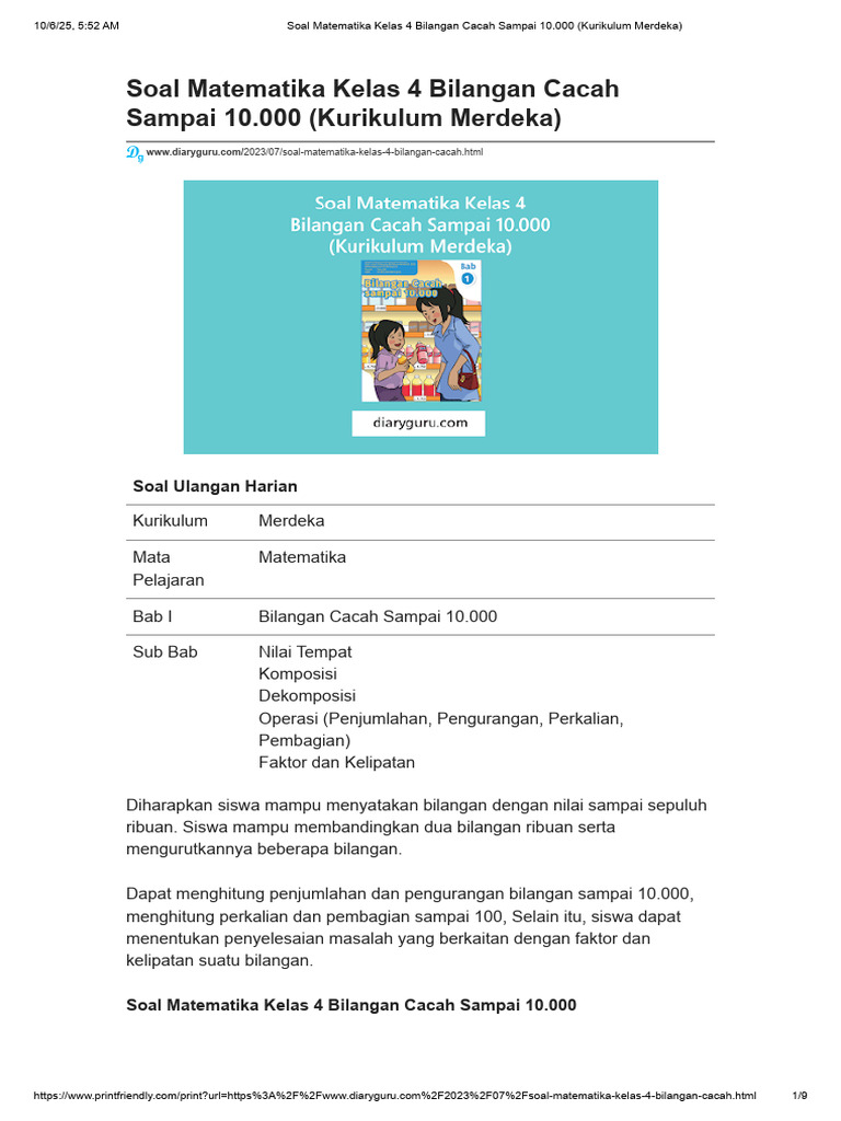Soal Matematika Kelas 4 Bilangan Cacah Sampai 10.000 (Kurikulum Merdeka ...