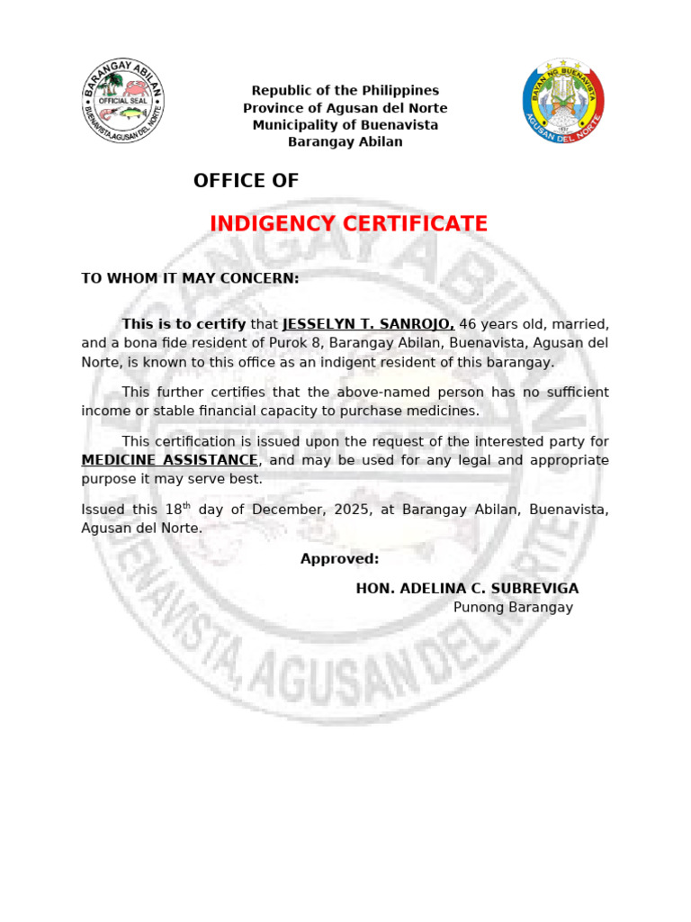 BARANGAY Indigency - Medicine Assistance | PDF