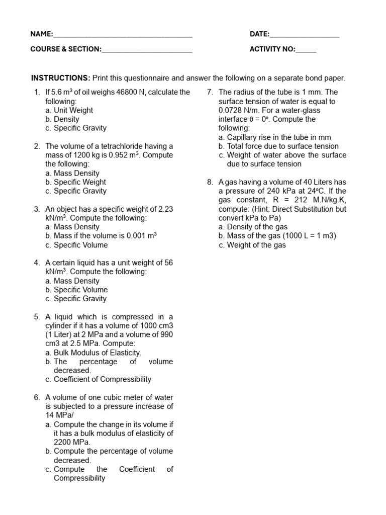 Activity 1 Fluid Properties Problem | PDF | Density | Volume