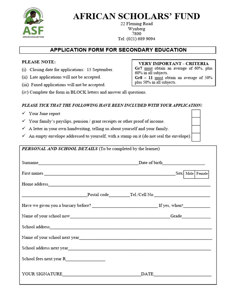 ASF School Application Form 1 | PDF