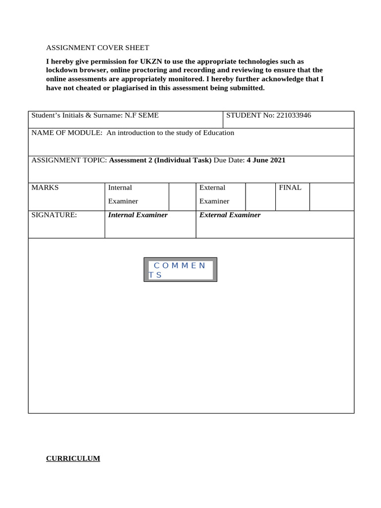 Edes 113 Curriculum Individual Assignment | PDF | Curriculum | Learning