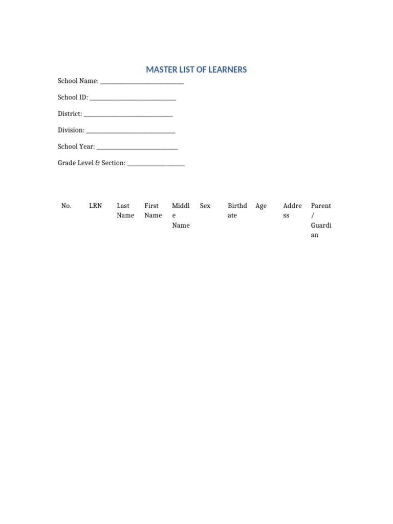 Master List Blank Template | PDF
