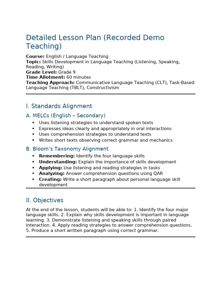 Detailed Lesson Plan - Skills Development in Language Teaching | PDF ...