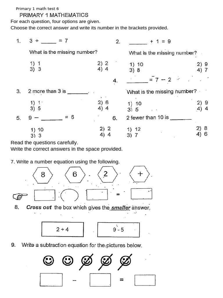 Primary 1 Math Test 6 | PDF