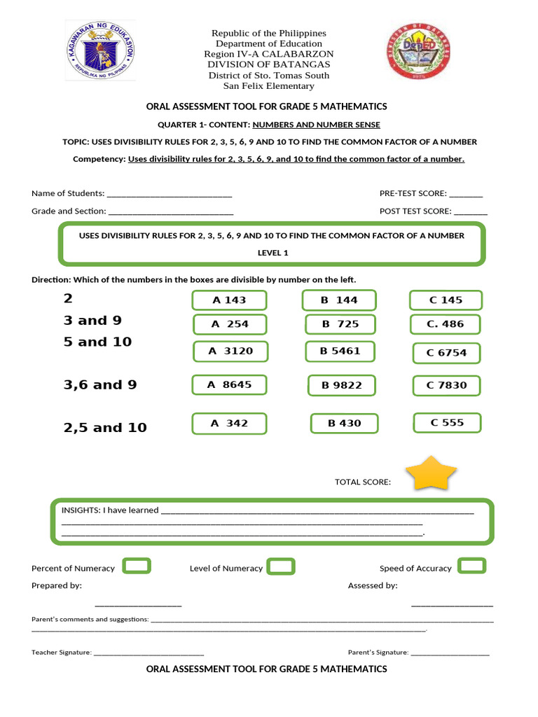 ORAL ASSESSMENT Divisibility Rules | PDF | Numbers | Mathematics