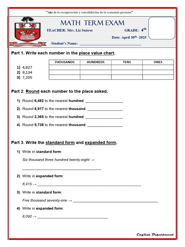 4th Grade Math Term Exam | PDF