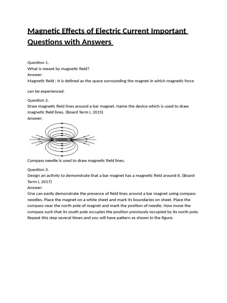 Magnetic Effects of Electric Current Important Questions With Answers ...