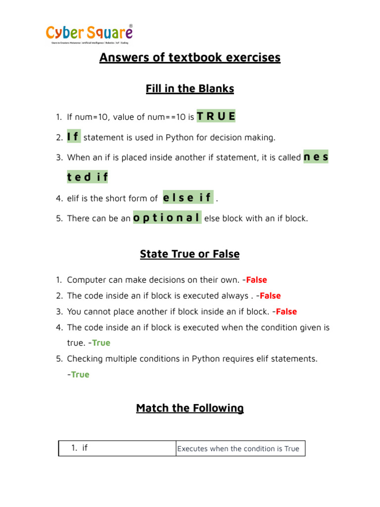 Answers of Textbook Exercises: Fill in The Blanks True If Nes Ted If ...