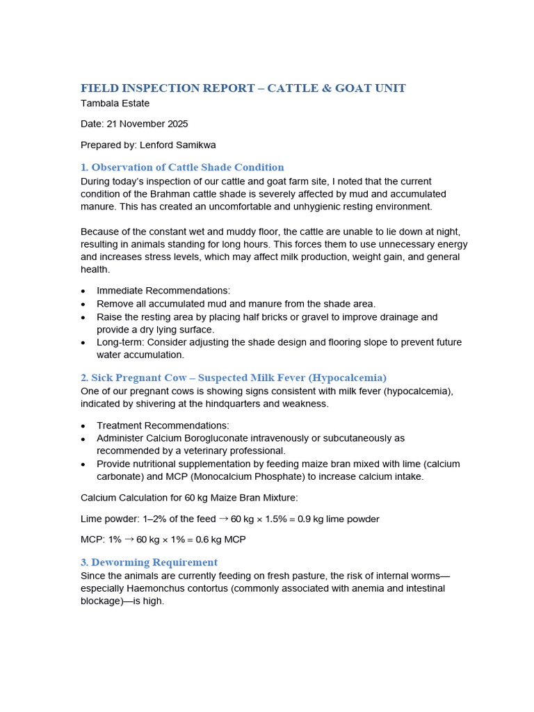 Cattle and Goat Unit Field Inspection Report Re | PDF