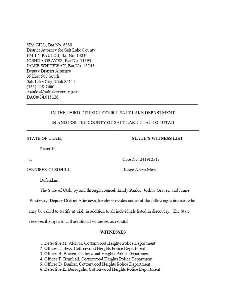 Jennifer Gledhill - State's Witness List | PDF | Chess | Chess Openings