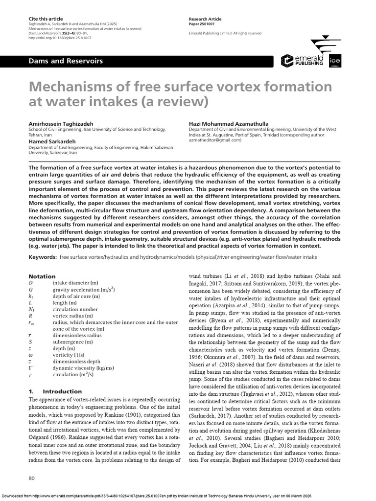 Mechanisms of Free Surface Vortex Formation at Water Intakes (a Review ...