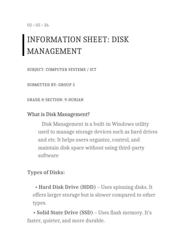 Disk Management Information Sheet | PDF
