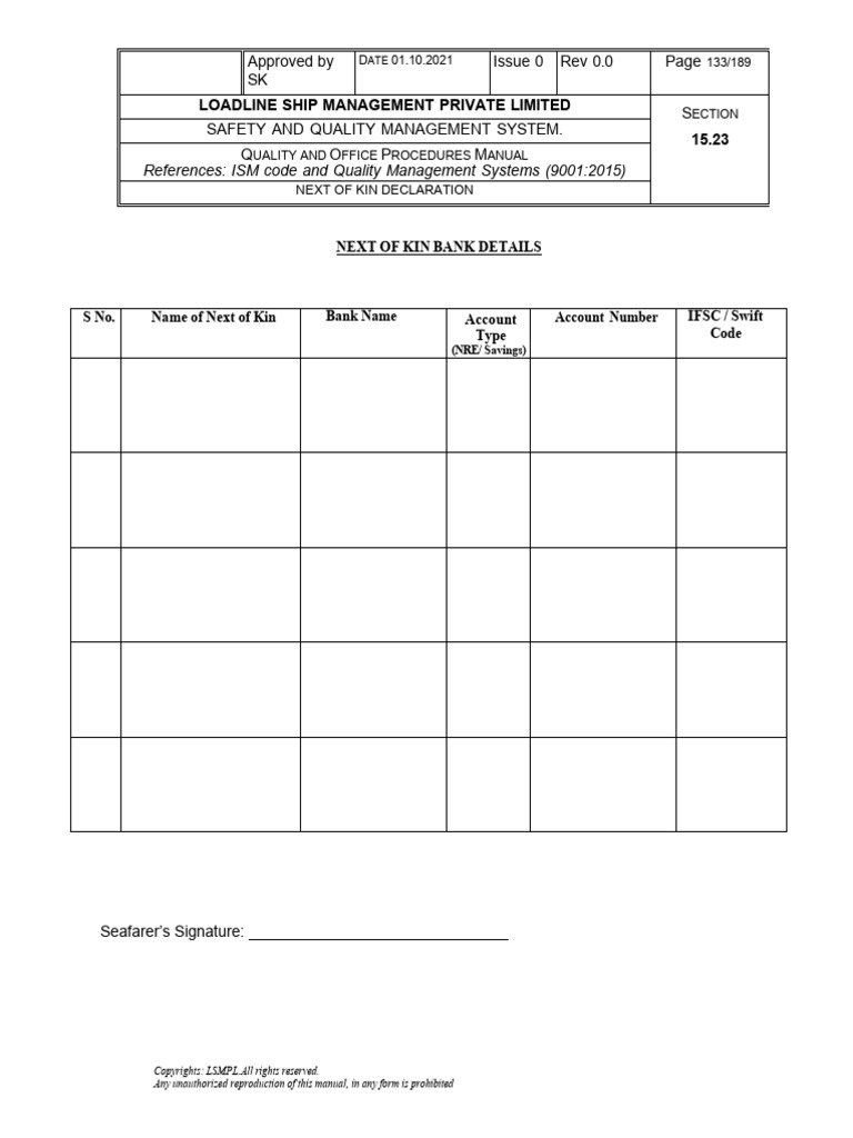 Next of Kin Bank Details | PDF