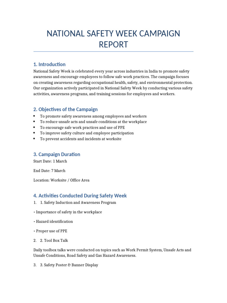 National Safety Week Campaign Report | PDF | Occupational Safety And ...