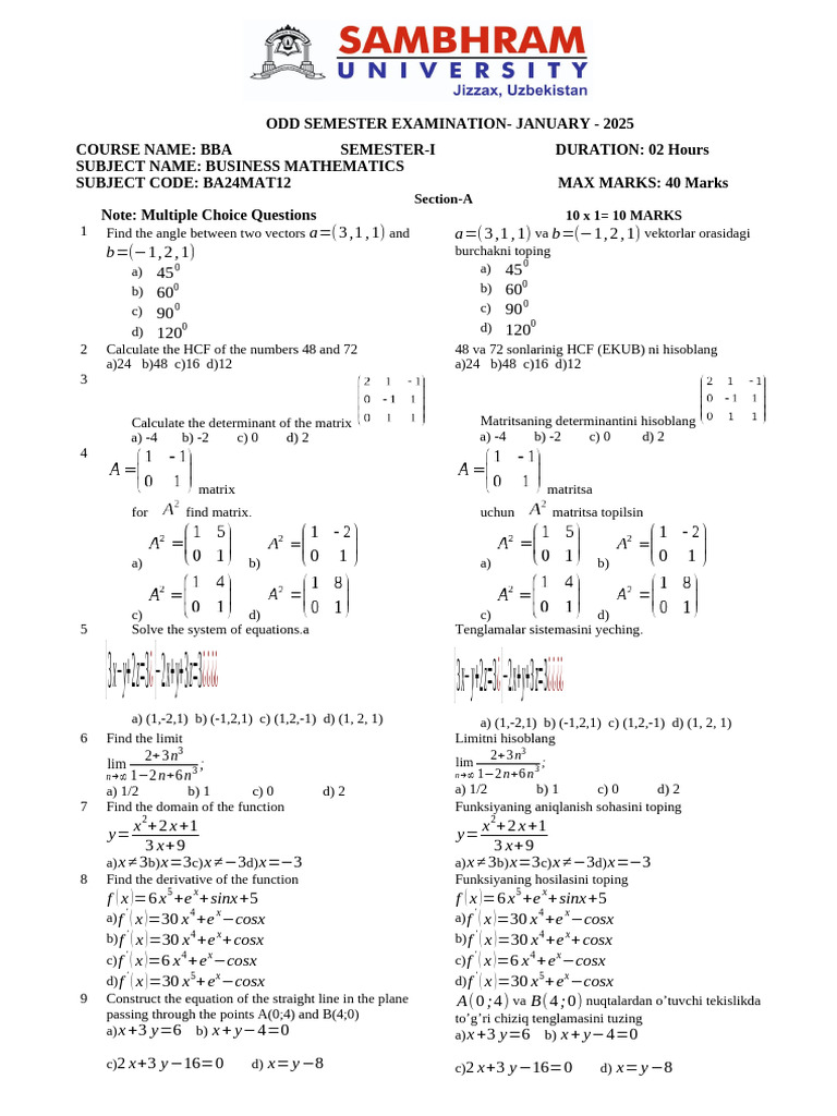 Busness Math Question Paper Bba | PDF | Matrix (Mathematics) | Determinant