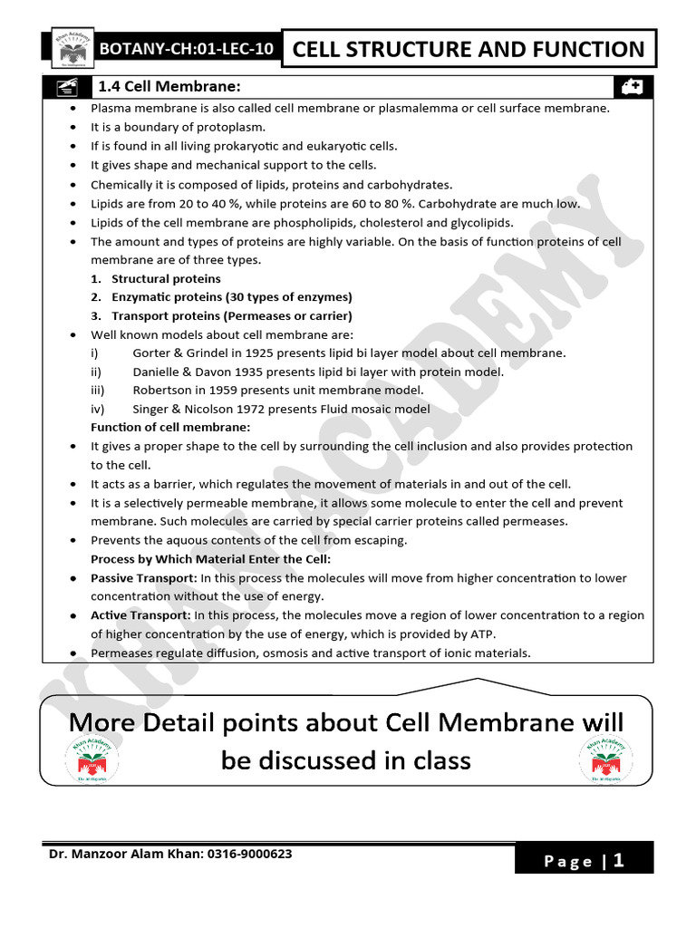 1st Year Bio Chapter No. 1 Lect No.10 Keypoints | PDF | Cell Membrane ...