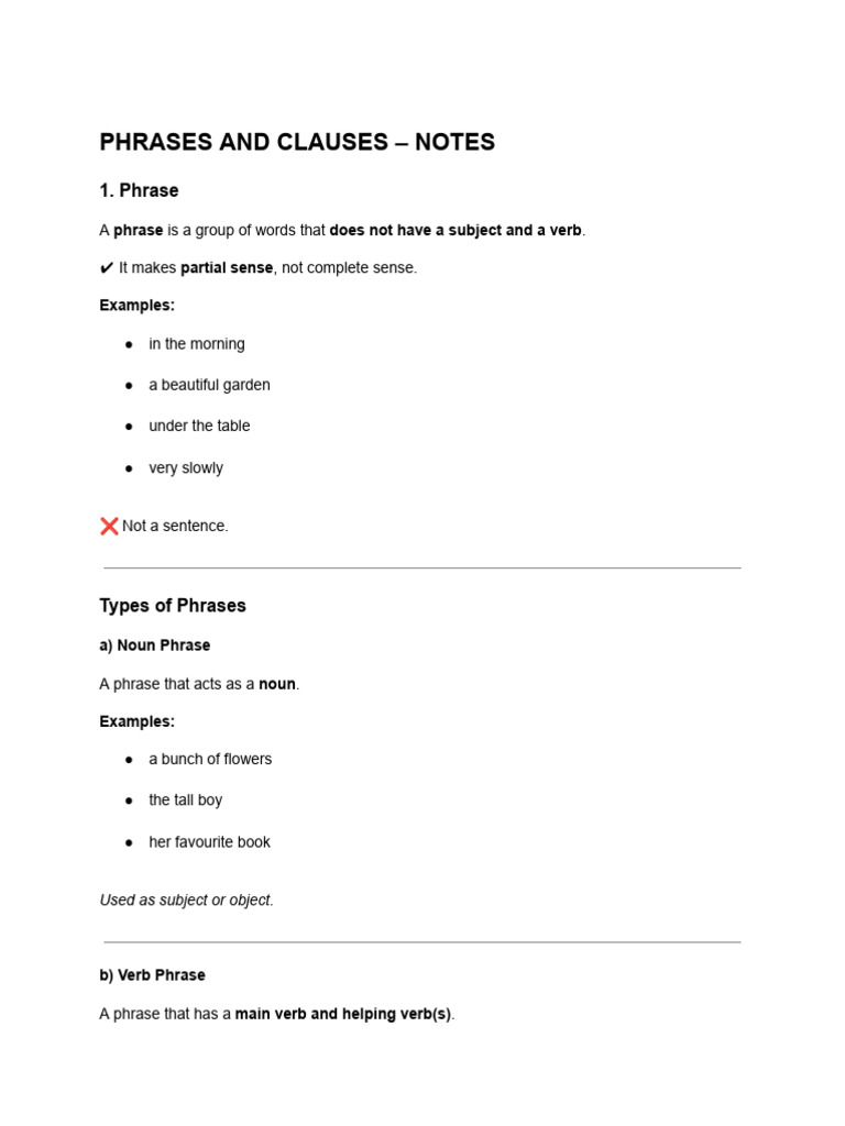 Phrases and Clauses - Notes | PDF