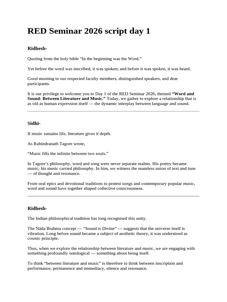 RED Seminar 2026 Script Day 1 | PDF | Rabindranath Tagore