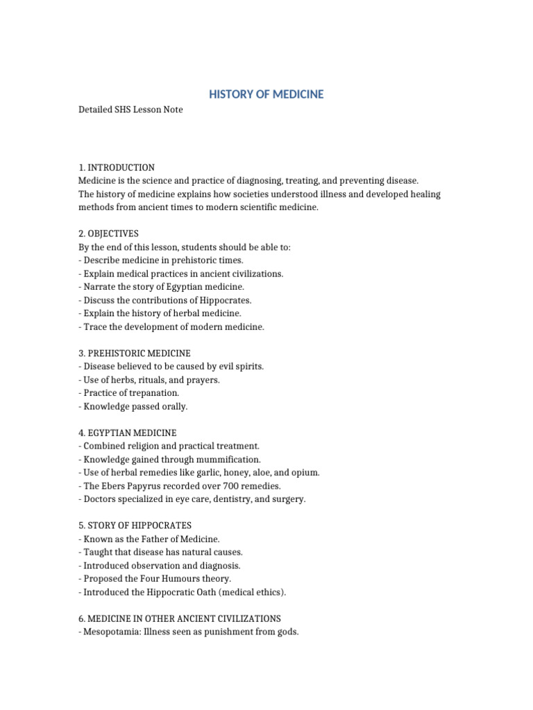 SHS History of Medicine Lesson Note | PDF | Medicine | Health Care