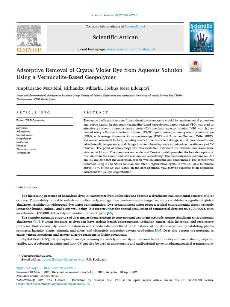 Adsorptive Removal of Crystal Violet Dye From Aqueous Soluti 2025 ...