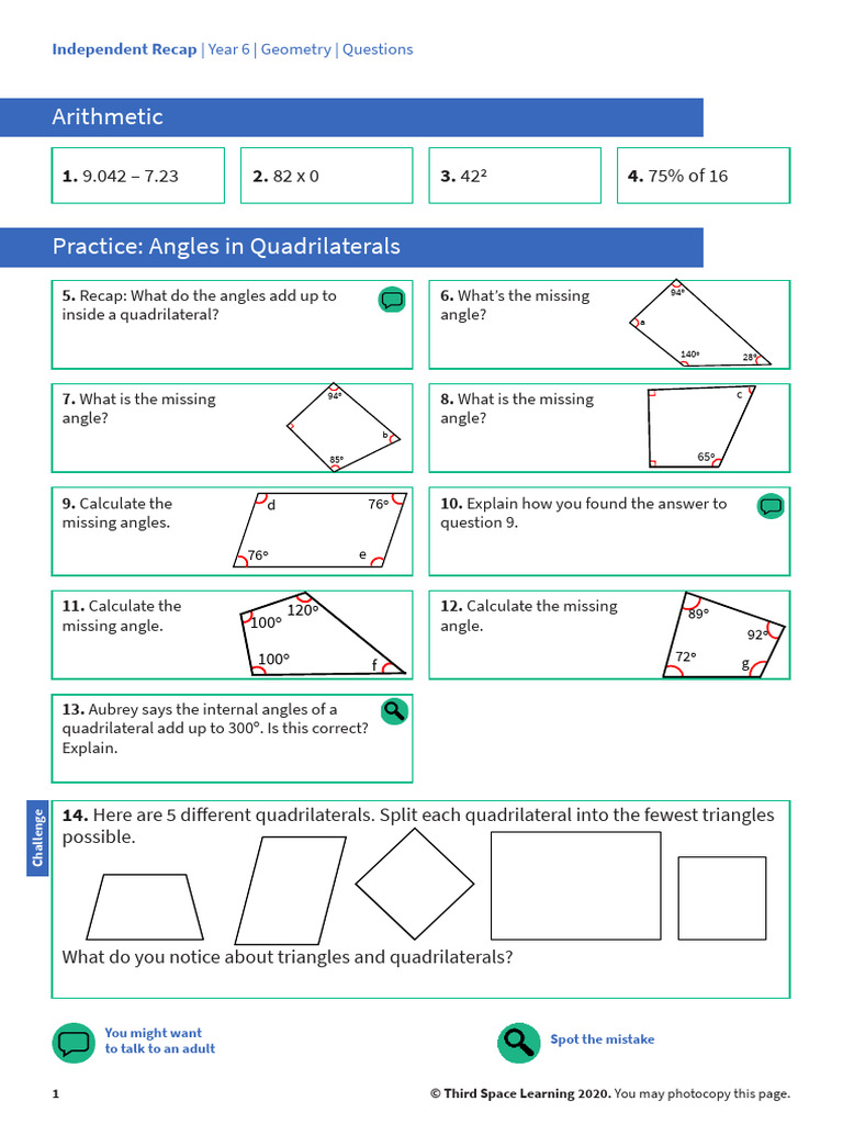 Year 6 Geometry Angles in Quadrilaterals | PDF | Triangle | Angle