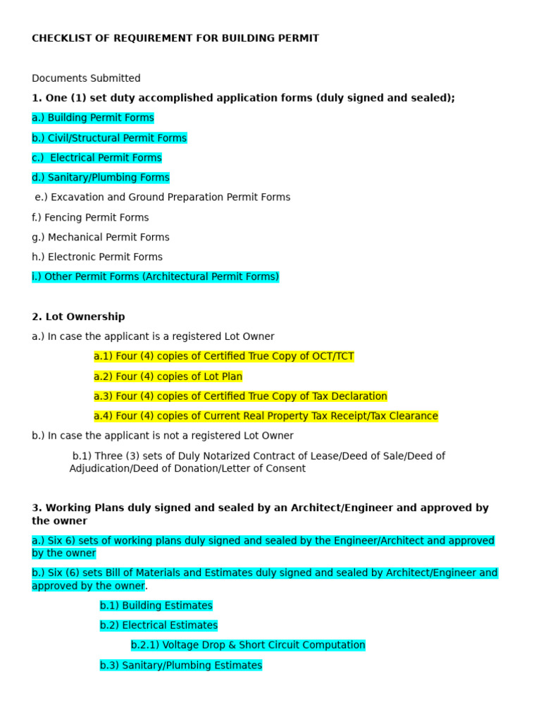 Checklist of Requirement For Building Permit | PDF