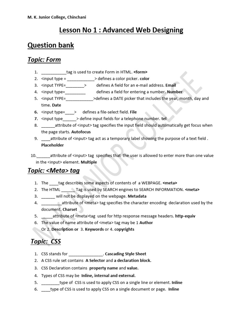 Lesson No 1 Question Bank Advanced Web Designing | PDF | Html Element ...