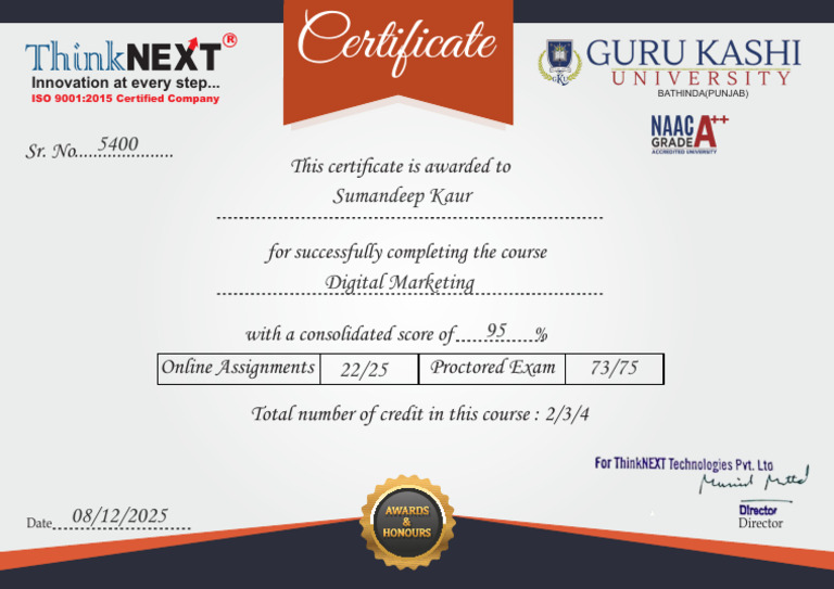 This Certi Cate Is Awarded To Sr. No.................... | PDF