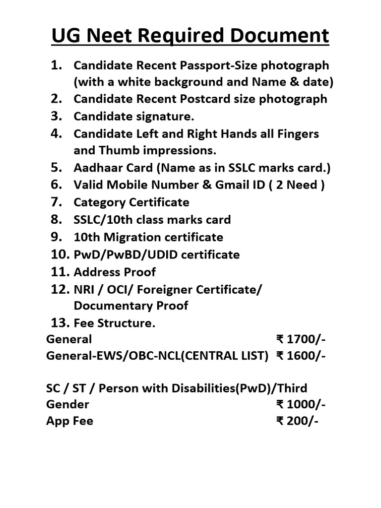 UG Neet Required Documents | PDF