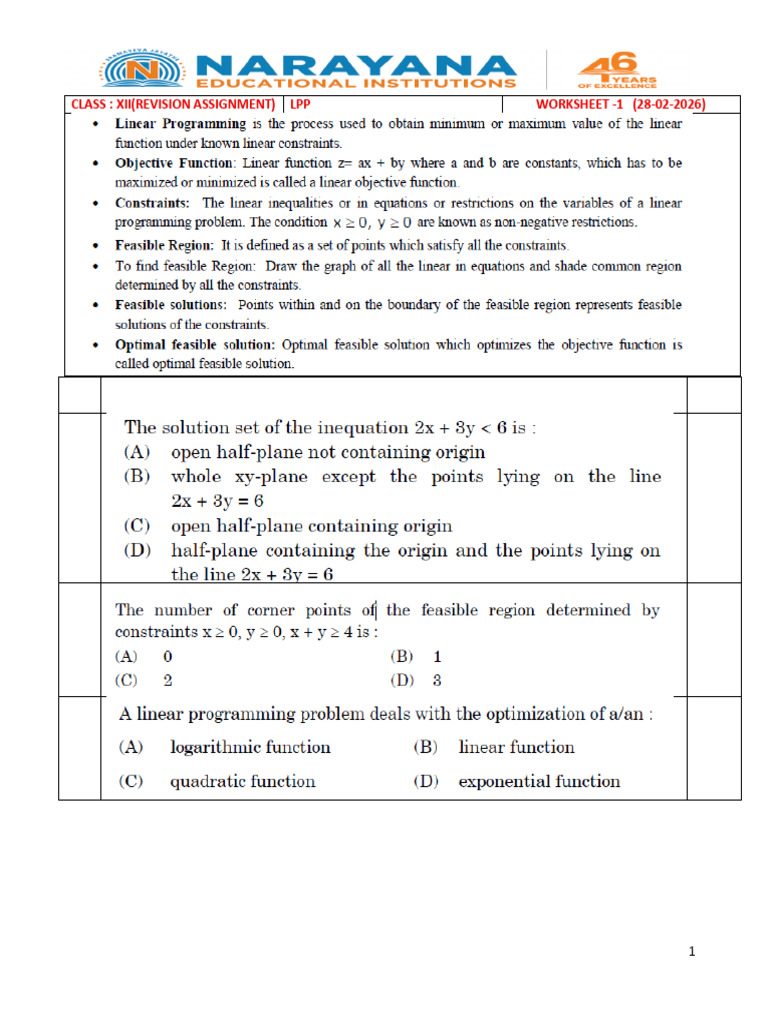 Linear Programming Problems Worksheet - 1 | PDF