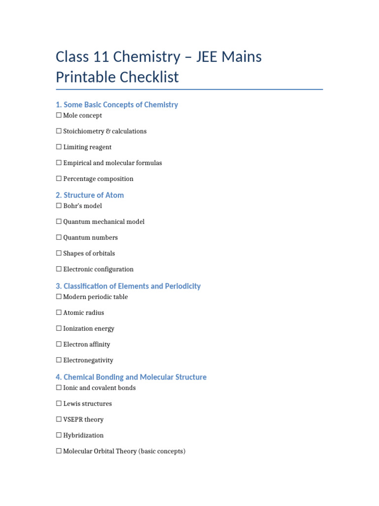 Class 11 Chemistry JEE Mains Checklist | PDF