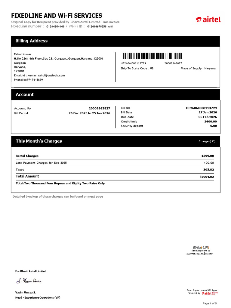 Airtel Fiber Bill | PDF | Invoice | Services (Economics)