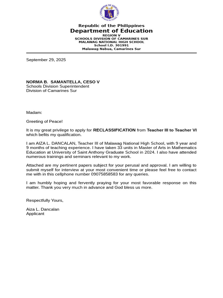 Letter of Intent for Reclassification | PDF