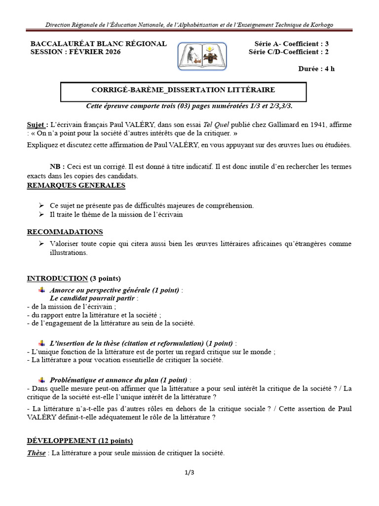 Bac Blanc 2026 - Corrige Bareme - Dissertation Litteraire | PDF
