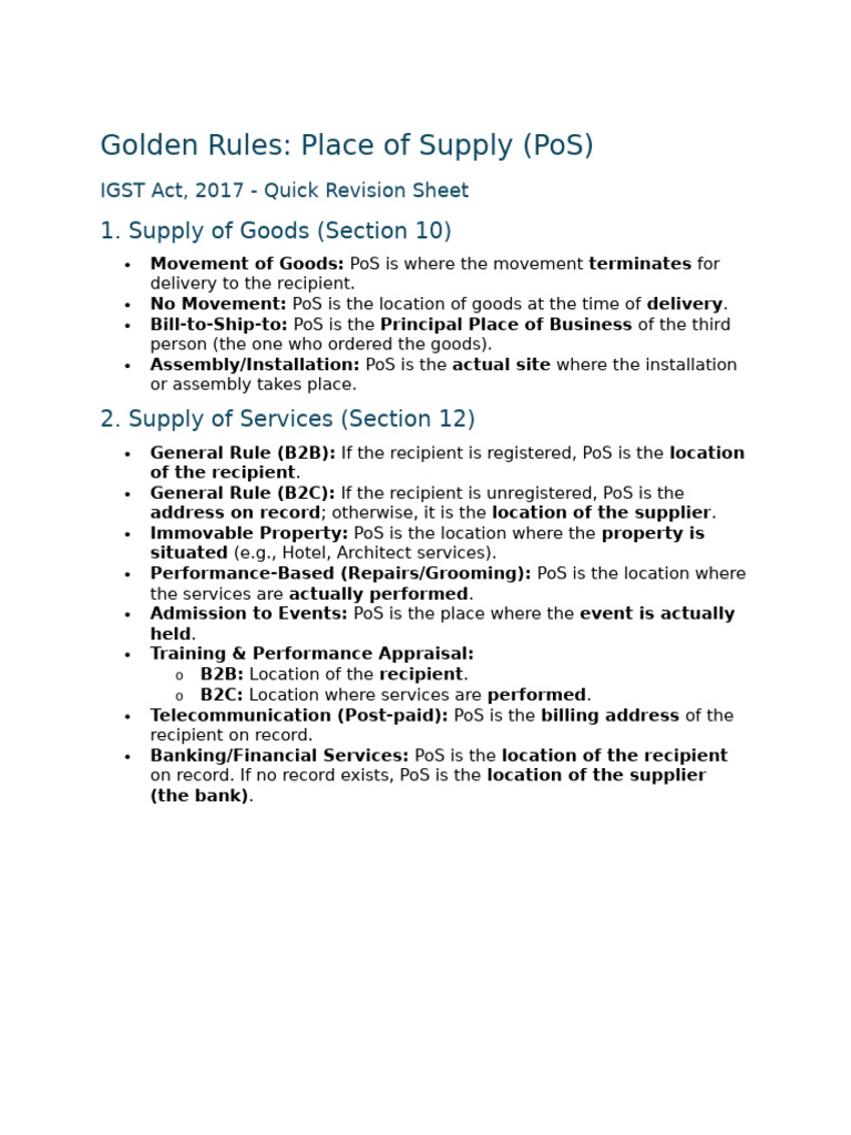 Golden Rules: Place of Supply (Pos) | PDF
