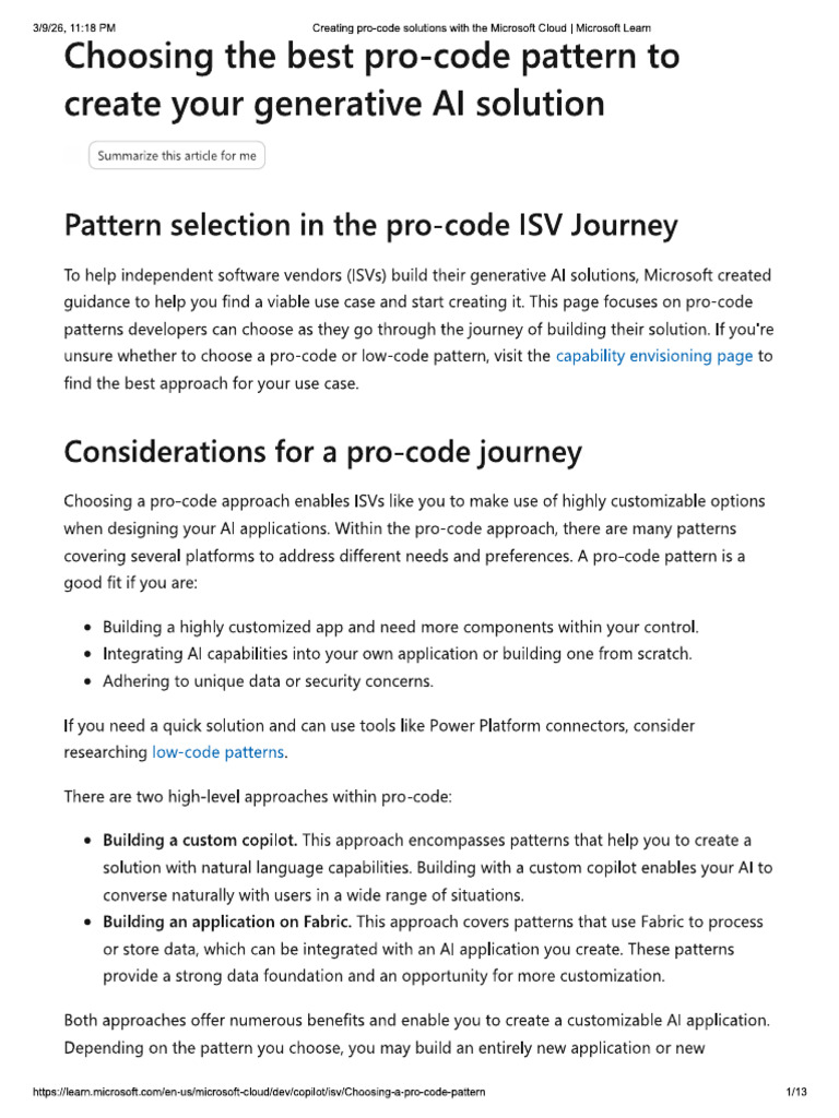 Pattern Selection in the Pro-code ISV Journey | PDF