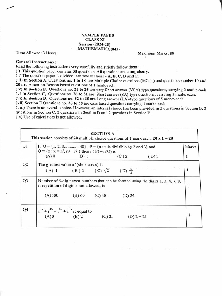Sample Paper - XI - Mathematics (2024-25) | PDF | Euclidean Geometry ...