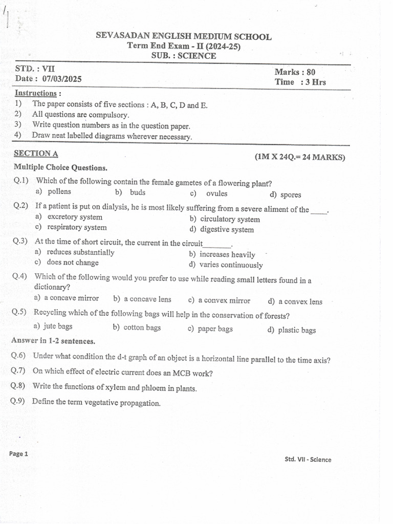 Science 7th Question Paper A.Y. 2024-2025 | PDF