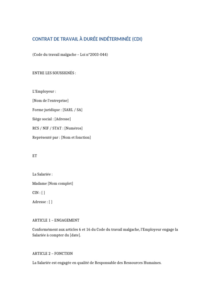 Contrat CDI Code Travail Malgache IRCC | PDF