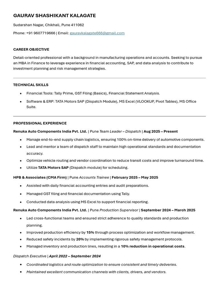 Resume - Gaurav Shashikant Kalagate | PDF | Logistics | Computing