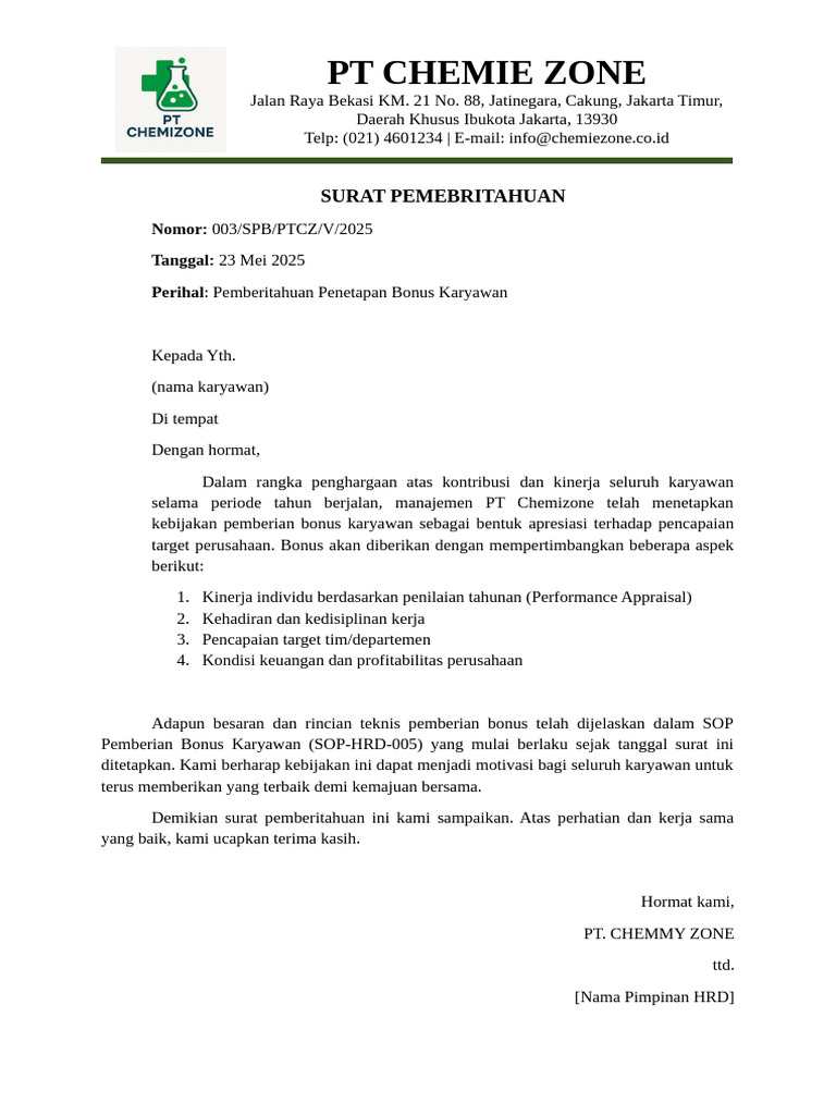 Surat Pemberitahuan Bonus Karyawan-1 | PDF