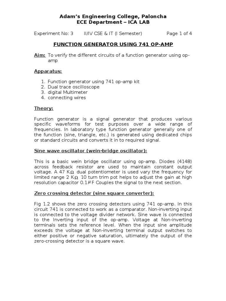 Exp 03 Function Generator Using 741 OpAmp PDF Operational