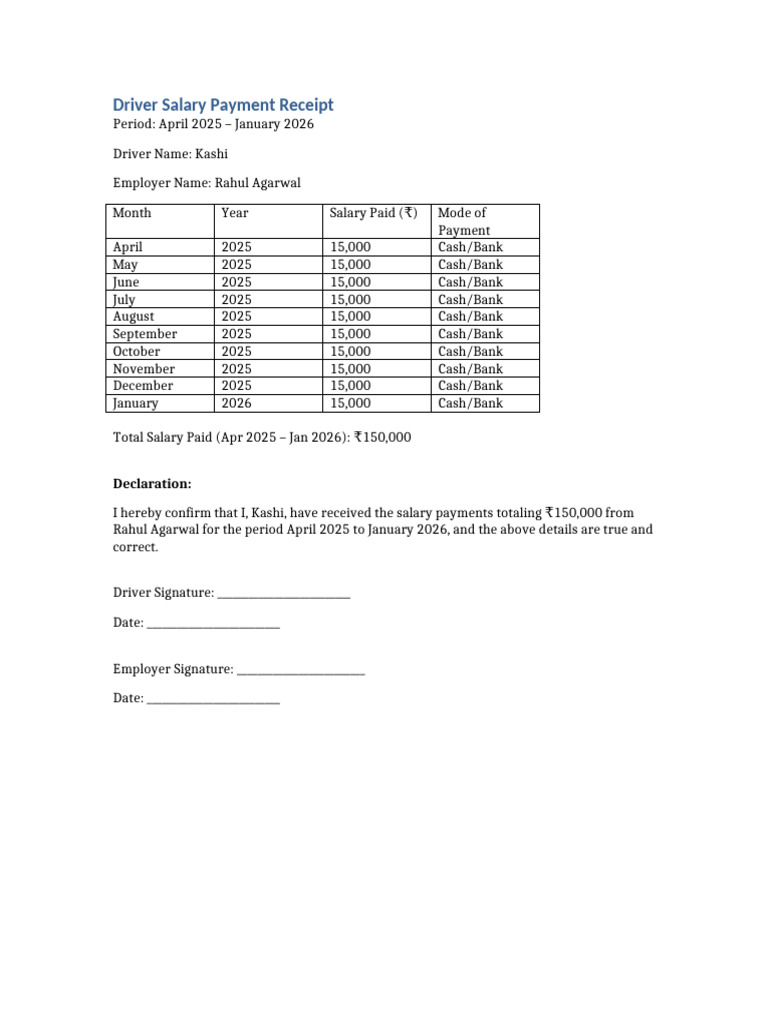 Driver Salary Receipt Apr2025 Jan2026 | PDF