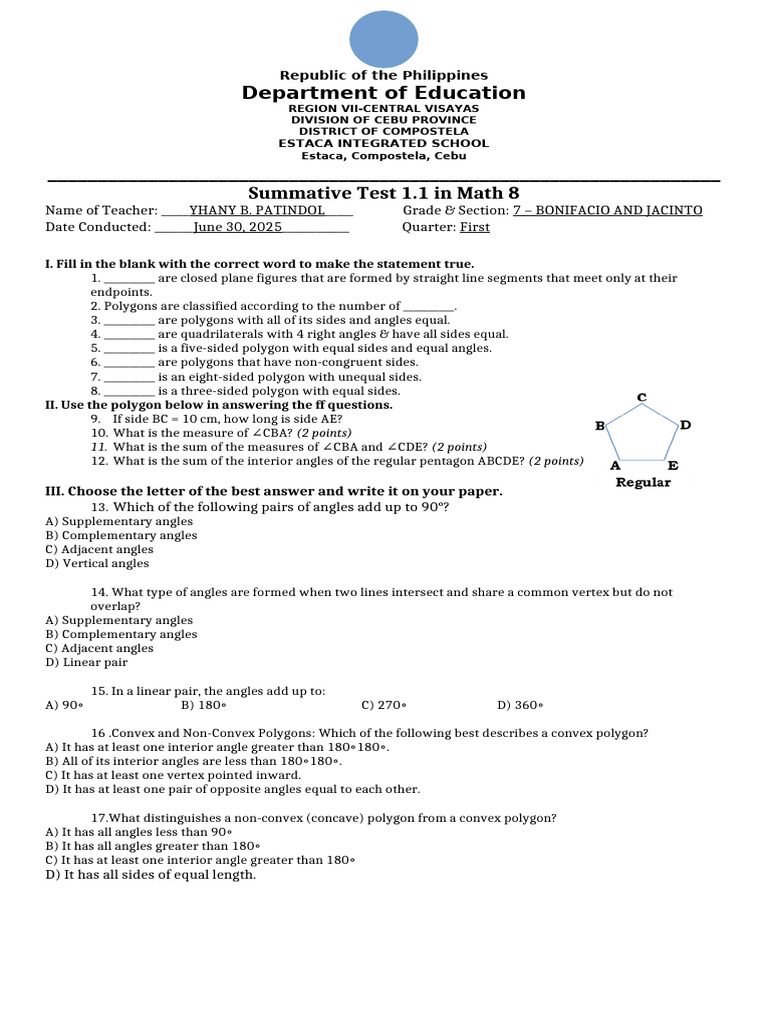 Q1 WK1 Math 7 Summative | PDF | Angle | Polygon