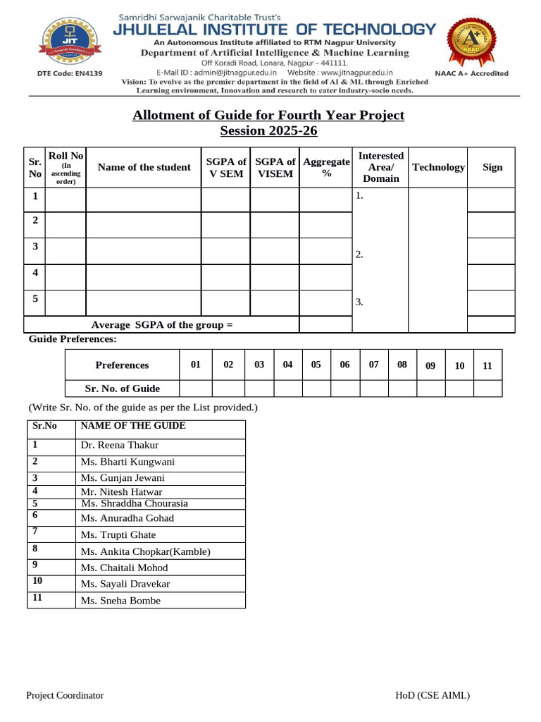 Group Formation Format Fourth Year (2025-26) | PDF