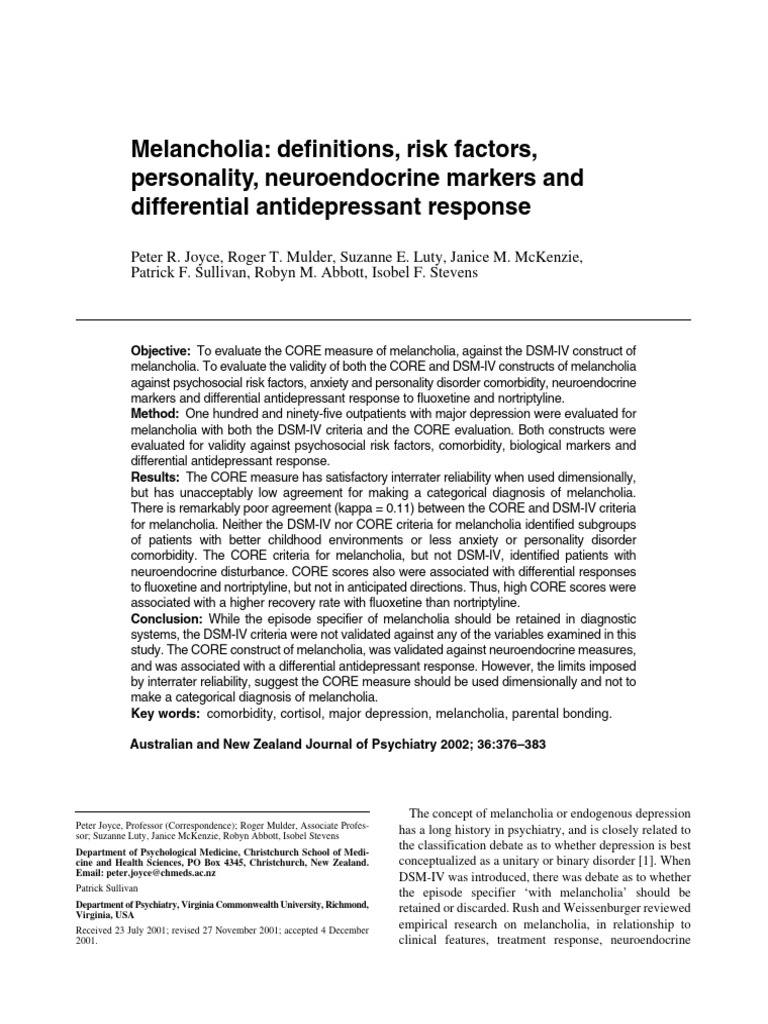 3 Melancholia Definitions, Risk Factors, Neuroendocrine Markers | PDF ...