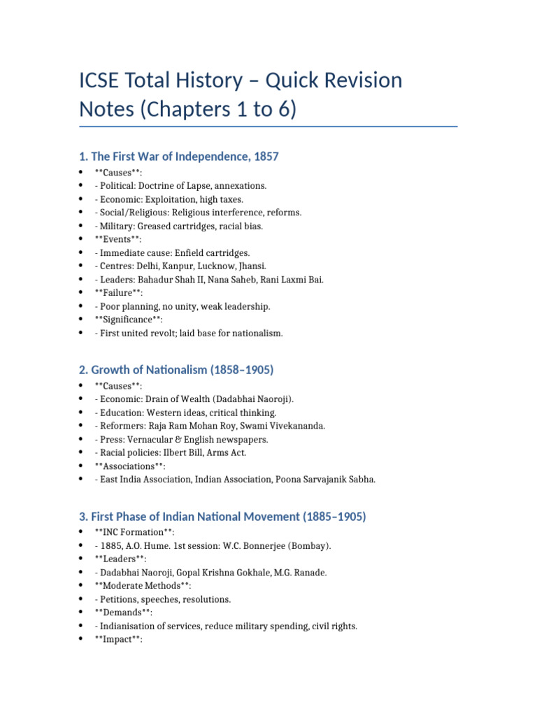 ICSE Total History Ch1 To Ch6 Quick Notes | PDF | Indian Independence ...
