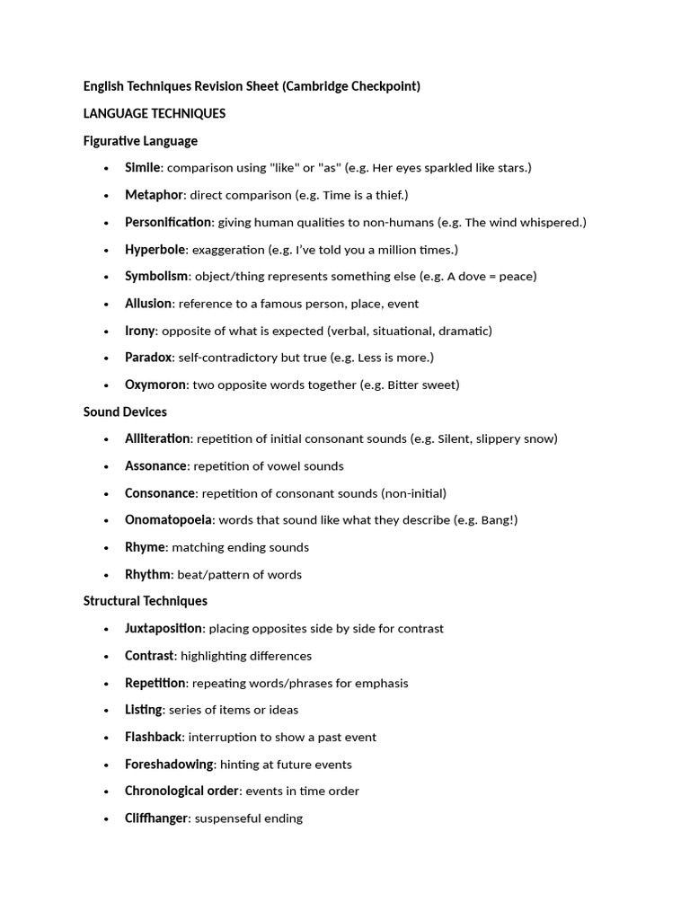 English Techniques Revision Sheet | PDF | Clause | Sentence (Linguistics)